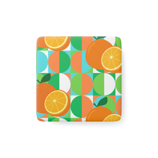 Retro Citrus Midcentury Modern Orange Juice Decorative Pattern Refrigerator Kitchen Porcelain Magnet, Square