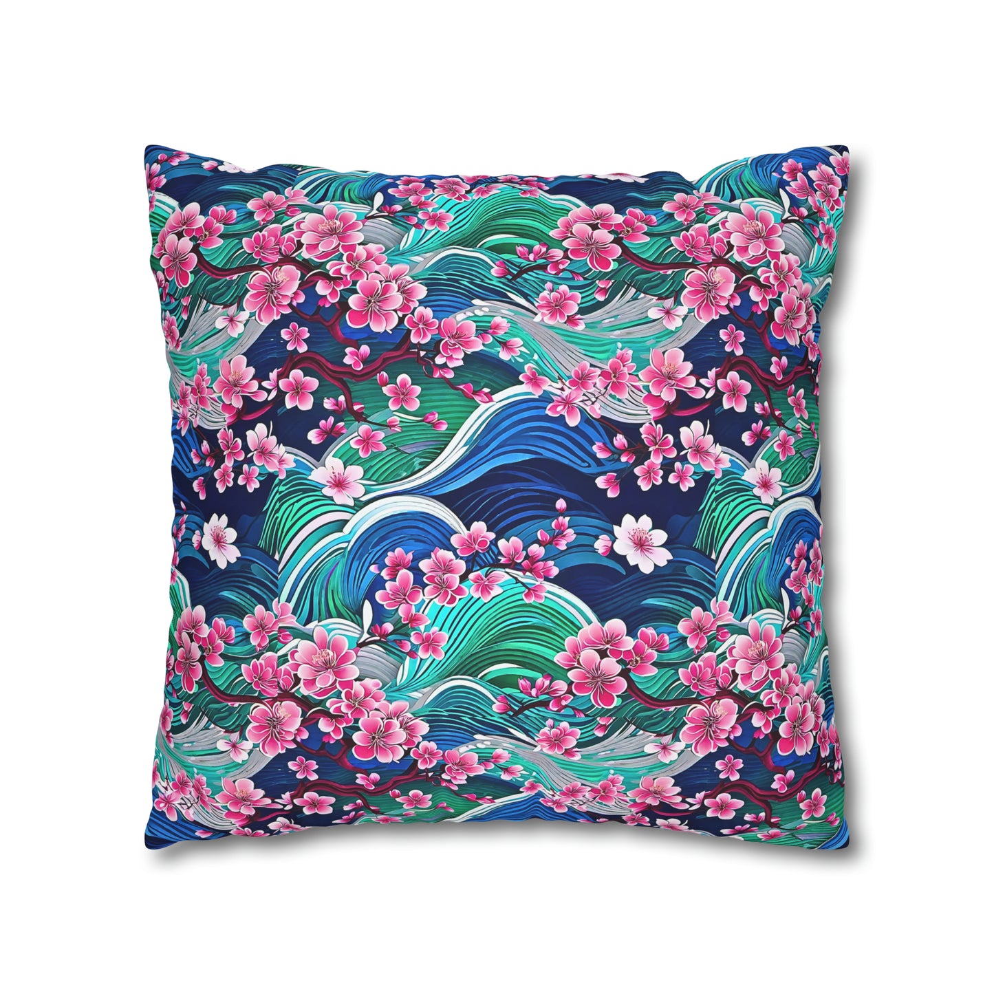 Japanese Mountains Cherry Blossoms Woodblock Pattern Decorative Spun Polyester Pillow Cover