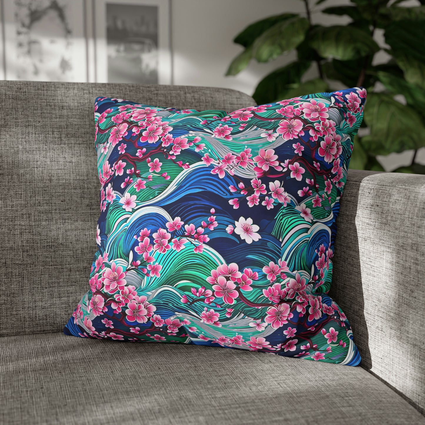 Japanese Mountains Cherry Blossoms Woodblock Pattern Decorative Spun Polyester Pillow Cover