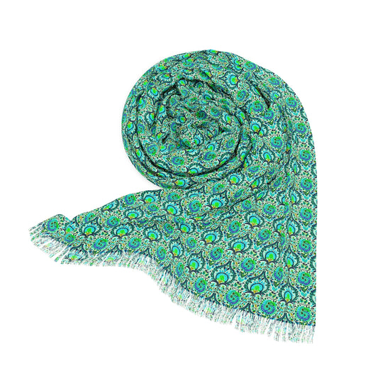 Suzani Tribal Pattern Blue and Green Bohemian Decorative Fashion Light Scarf with Fringe