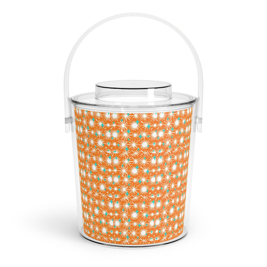 Midcentury Modern Starbursts Decorative Pattern Orange Cocktail Party Ice Bucket with Tongs