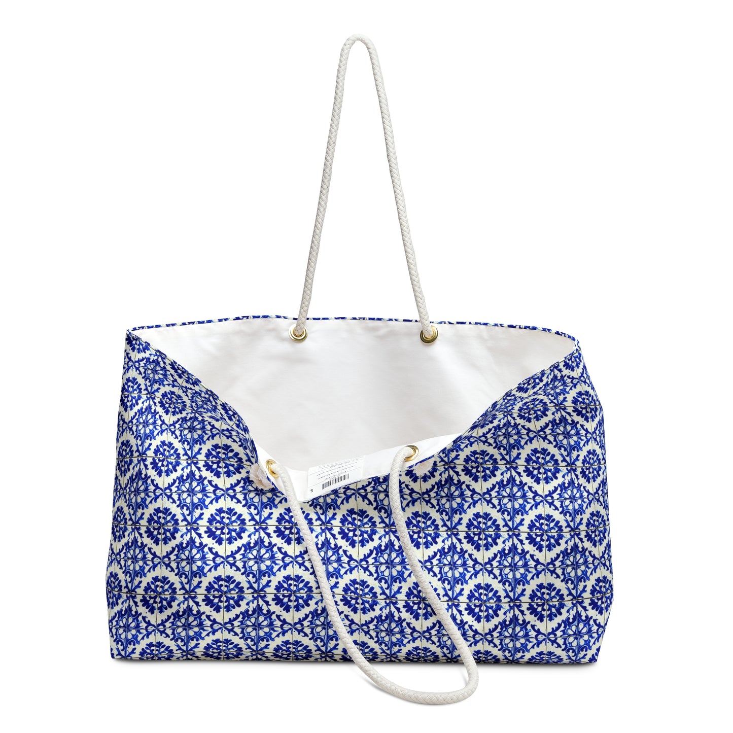 Portuguese Summer Blue and White Floral Antique Tile Shopper Market  Beach Weekender Bag