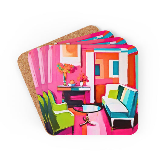 LA Casa Style California West Coast Hot Pink Interior Beverage Entertaining Home Decor Corkwood Coaster Set