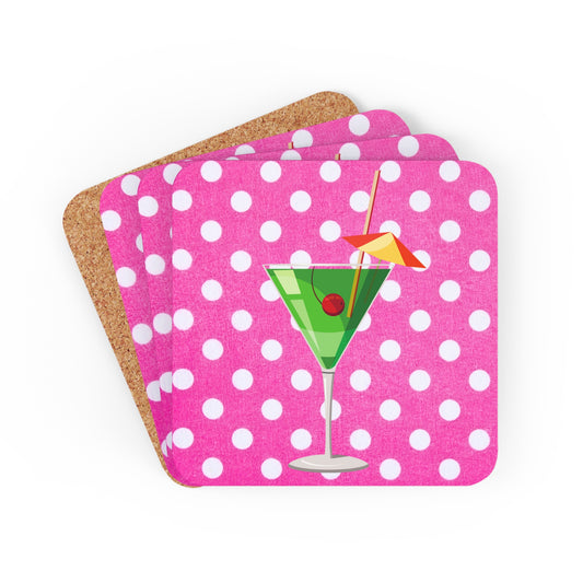 Triple Pink Polka Dot Martini Cocktail Party Entertaining Corkwood Coaster Set