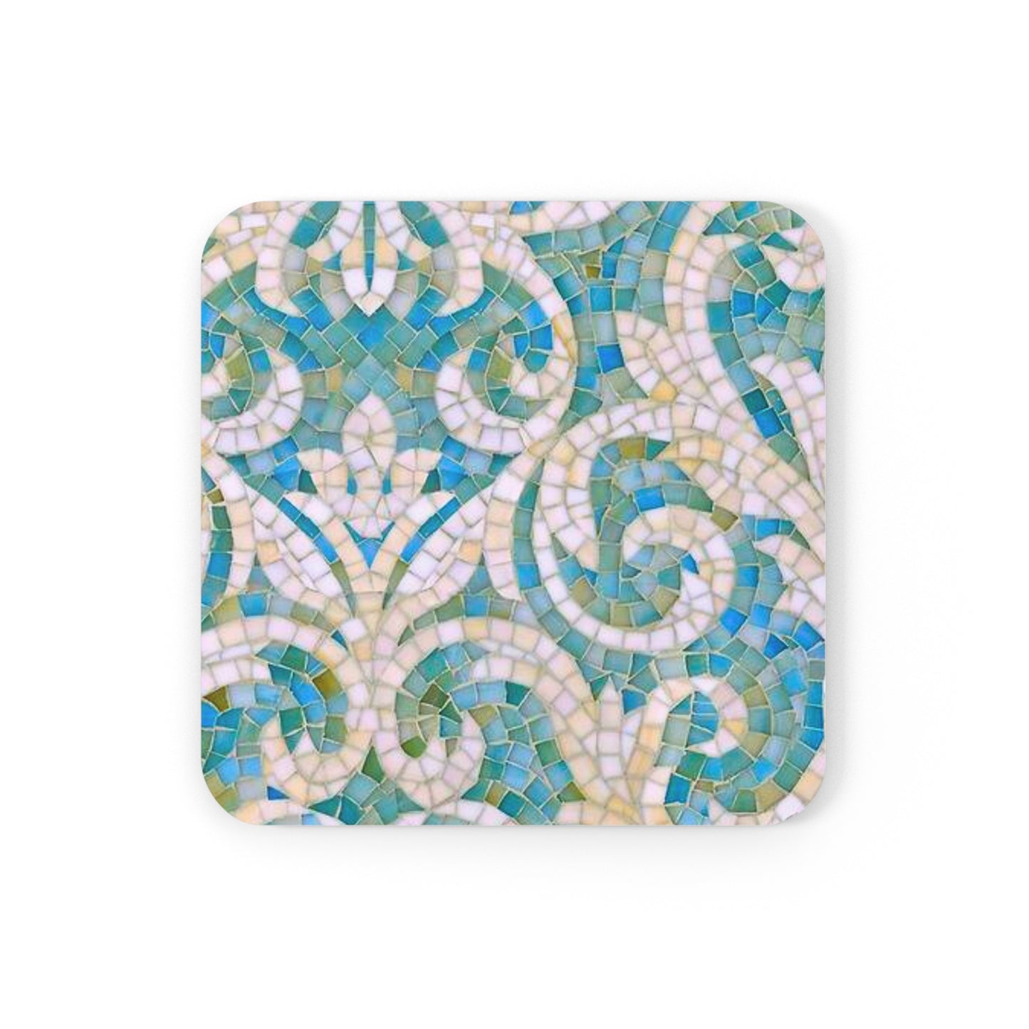 Aqua Mosaic Tile Inlay Cocktail Party Beverage Entertaining Corkwood Coaster Set