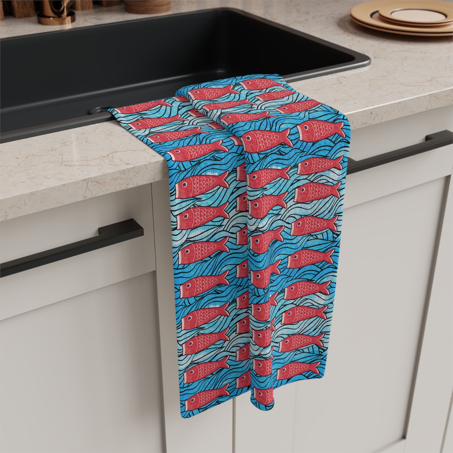 Koi Fish Waves Ocean Coastal Japanese Decorative Kitchen Waffle Microfiber Tea Towel/Bar Towel