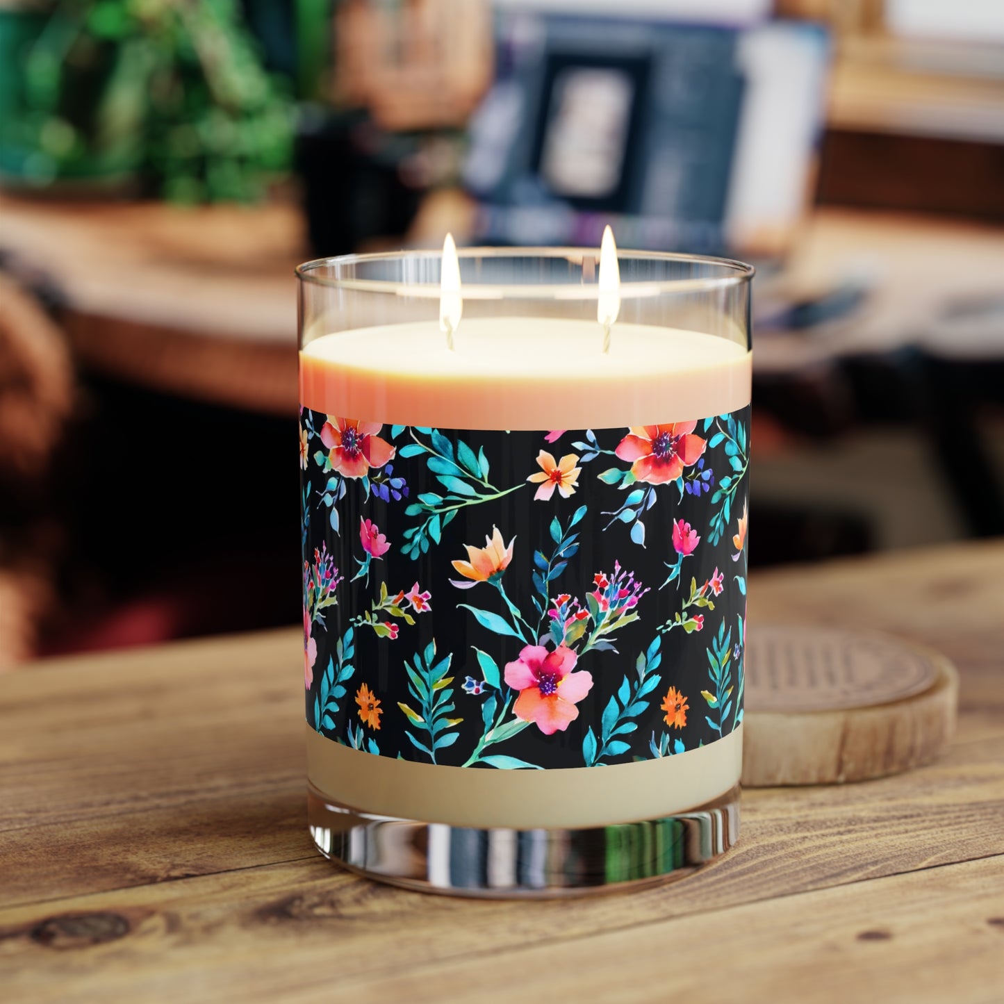 Midnight Floral II Watercolor Aromatherapy Essential Oils Natural Scented Candle - Full Glass, 11oz