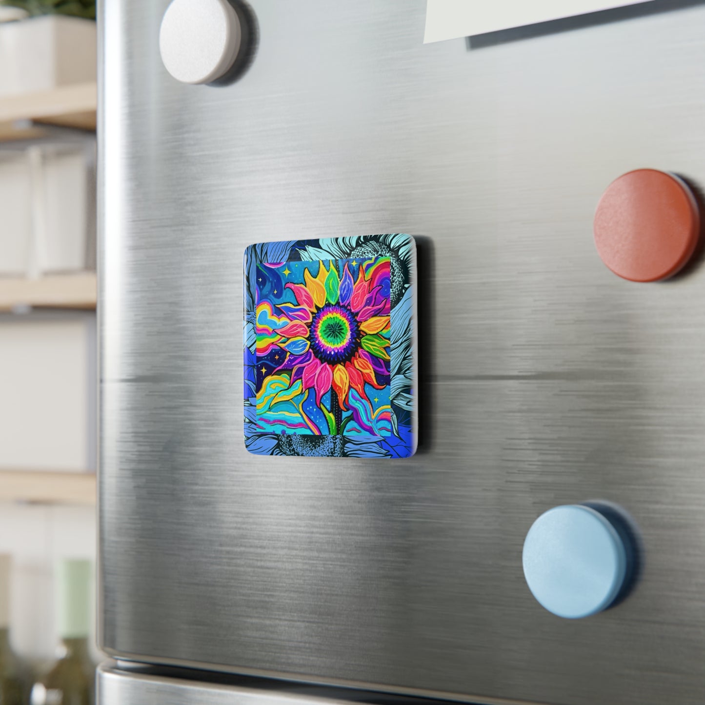 Electric Sunflower Collage Decorative Refrigerator Porcelain Magnet, Square
