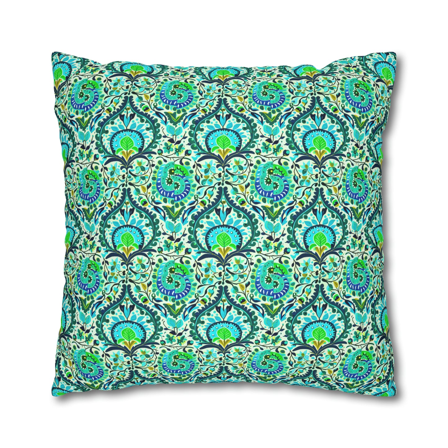 Suzani Tribal Pattern Blue and Green Bohemian Decorative Spun Polyester Pillow Cover