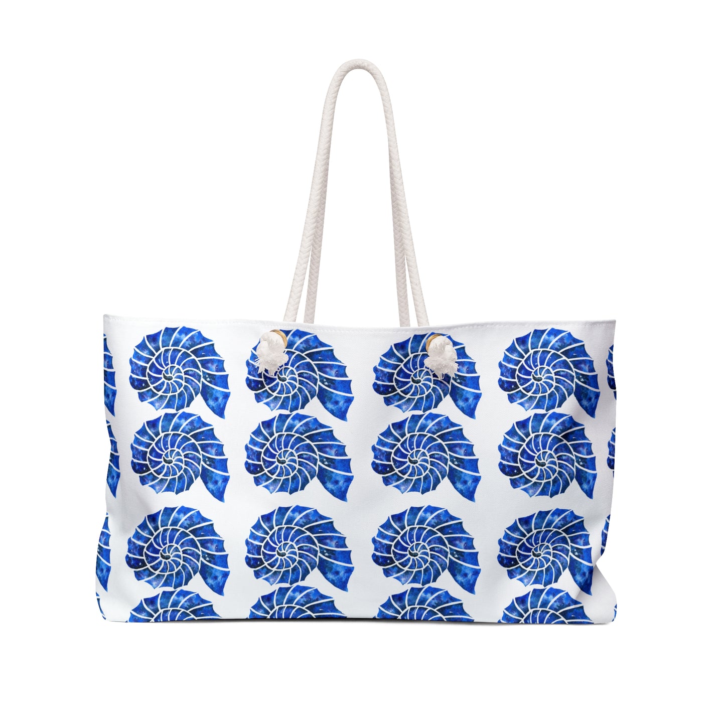 Blue and White Nautilus Shell Ocean Coastal Pattern Decorative Travel Shopper Market Beach Weekender Bag