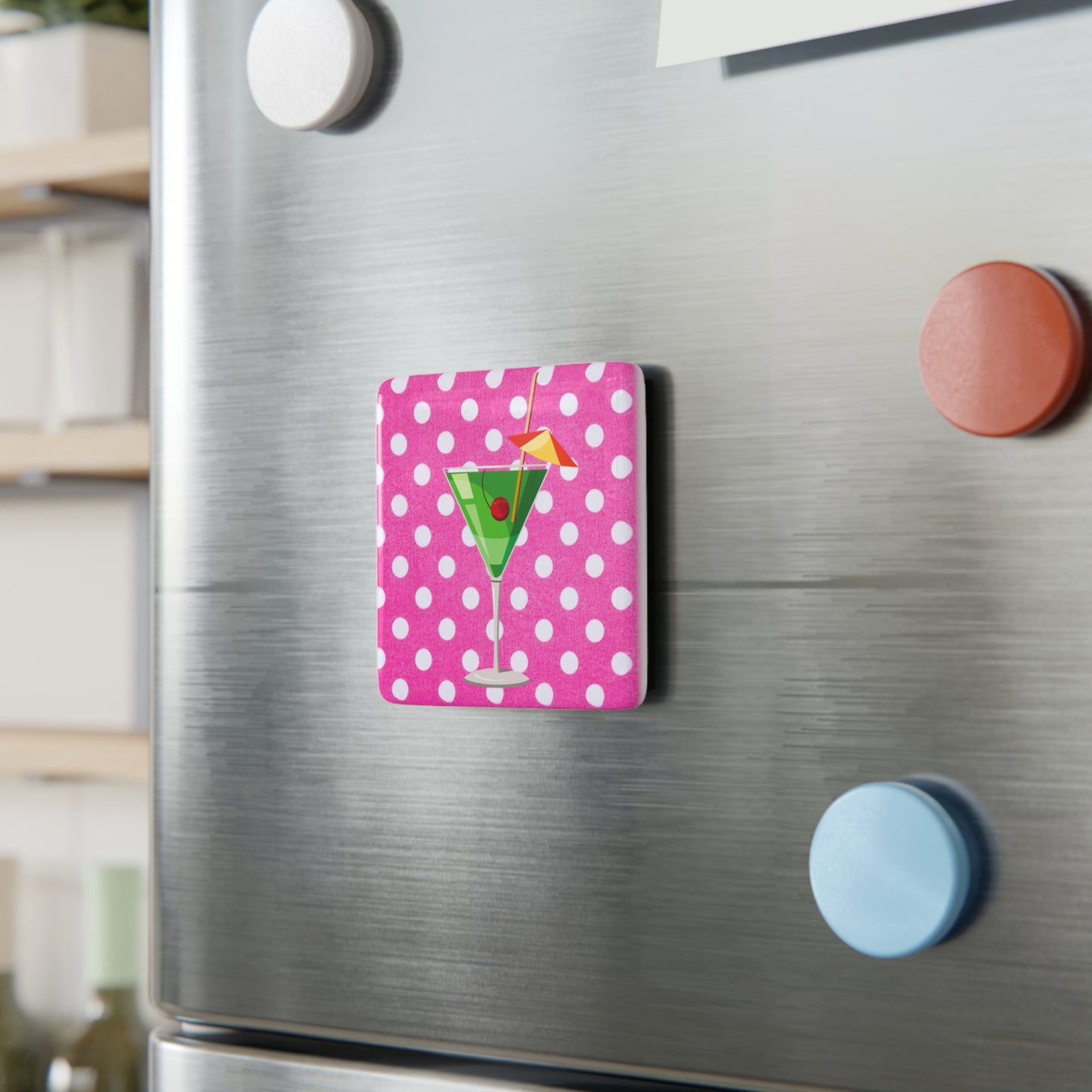 Triple Pink Polka Dot Martini Refrigerator Decorative Porcelain Magnet, Square