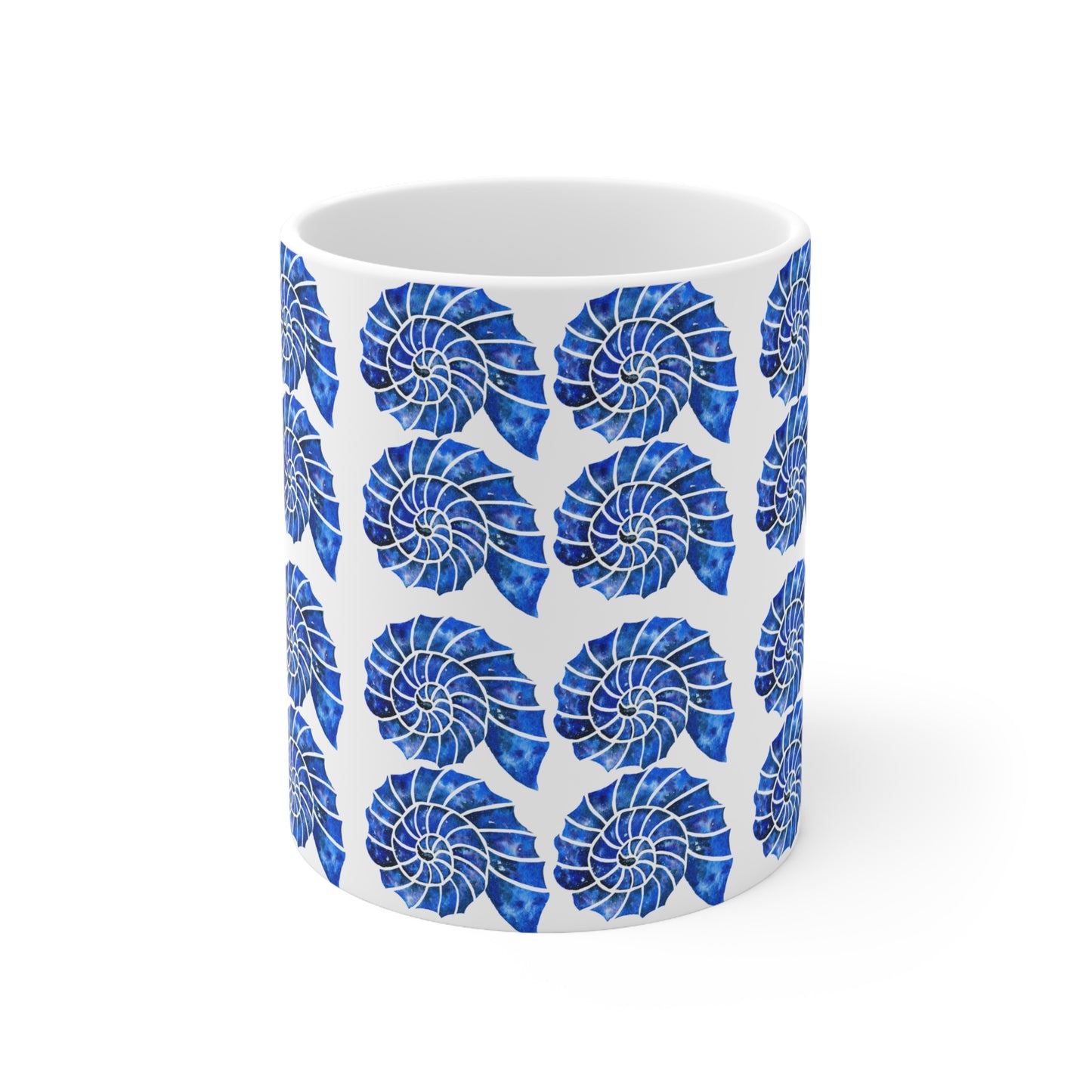 Blue and White Nautilus Shell Ocean Coastal Pattern Decorative Hot Beverage Coffee Tea Chia Ceramic Mug 11oz