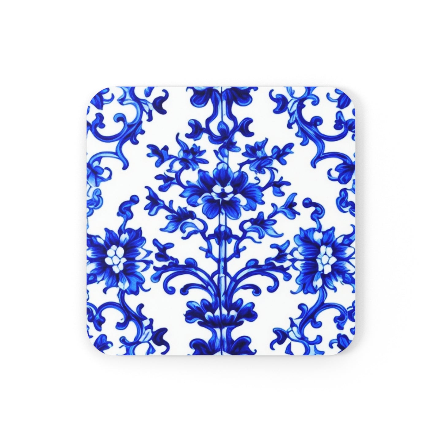 Portuguese Blue and White Tile Pattern Cocktail Party Beverage Entertaining Corkwood Coaster Set