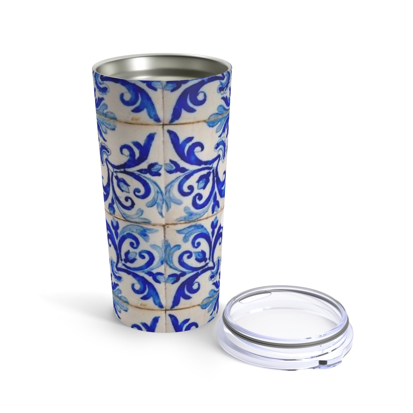 Blue and White Floral European Antique Aged Tile Hot Cold Water Beverage Travel Tumbler 20oz