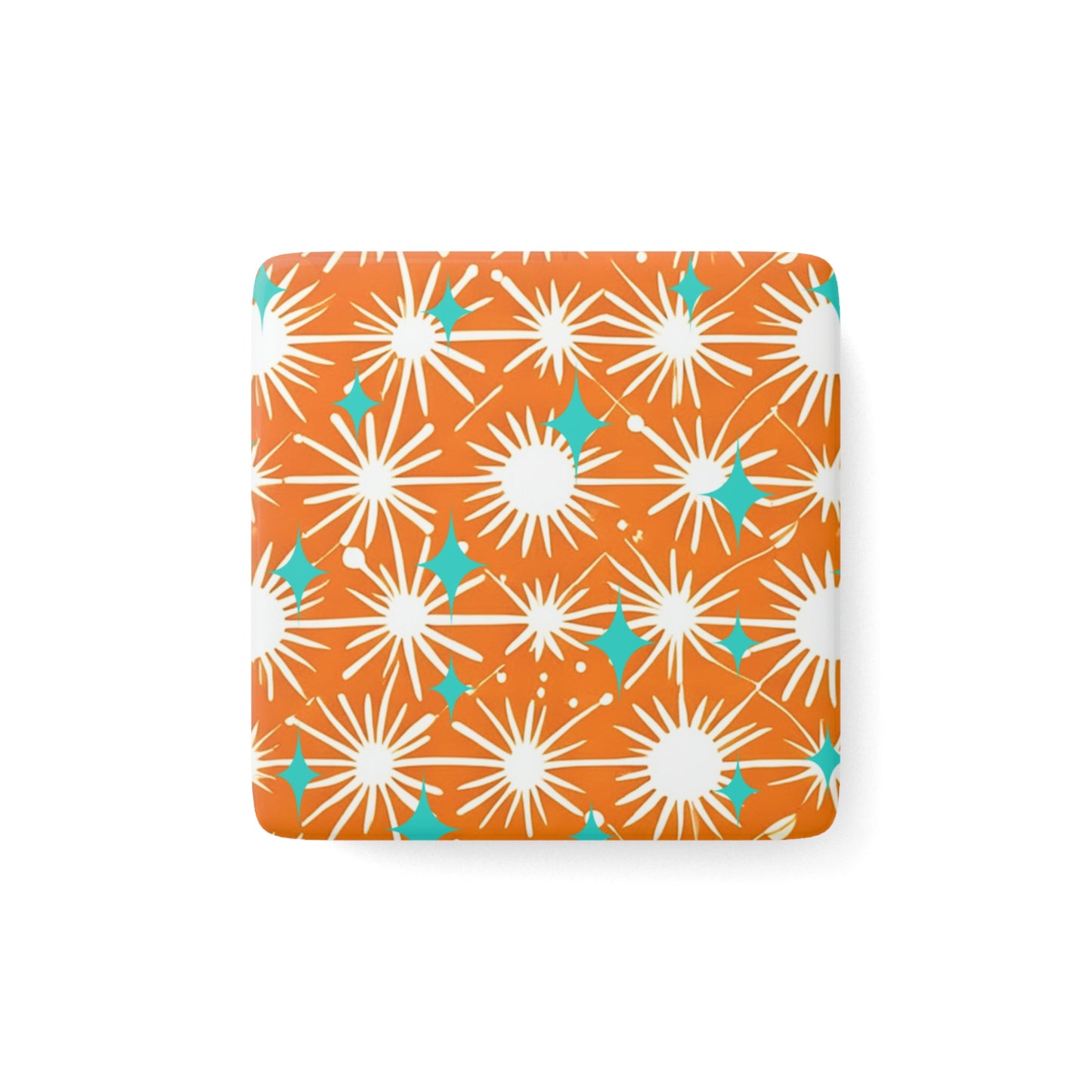 Midcentury Modern Starbursts Decorative Pattern Orange Kitchen Porcelain Magnet, Square