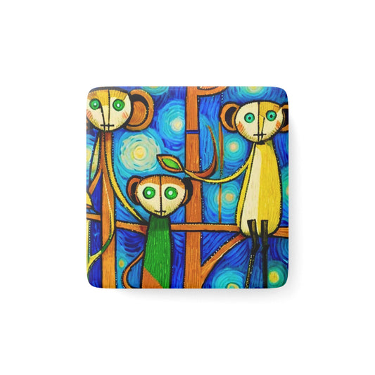 Rain Forest Monkey Family Children's Art Porcelain Magnet, Square