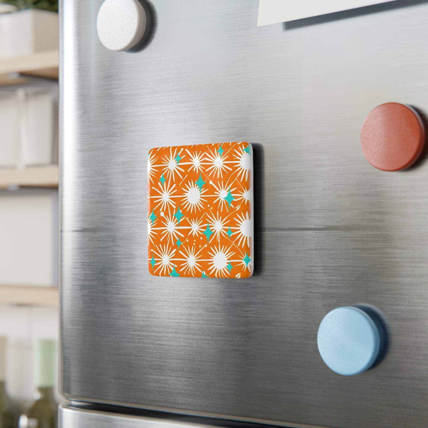 Midcentury Modern Starbursts Decorative Pattern Orange Kitchen Porcelain Magnet, Square