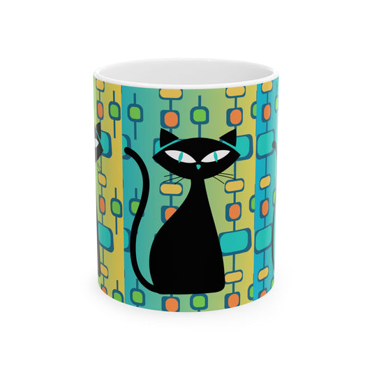 Atom Black Cat Midcentury Modern Hot Beverage Coffee Tea Decorative Ceramic Mug 11oz