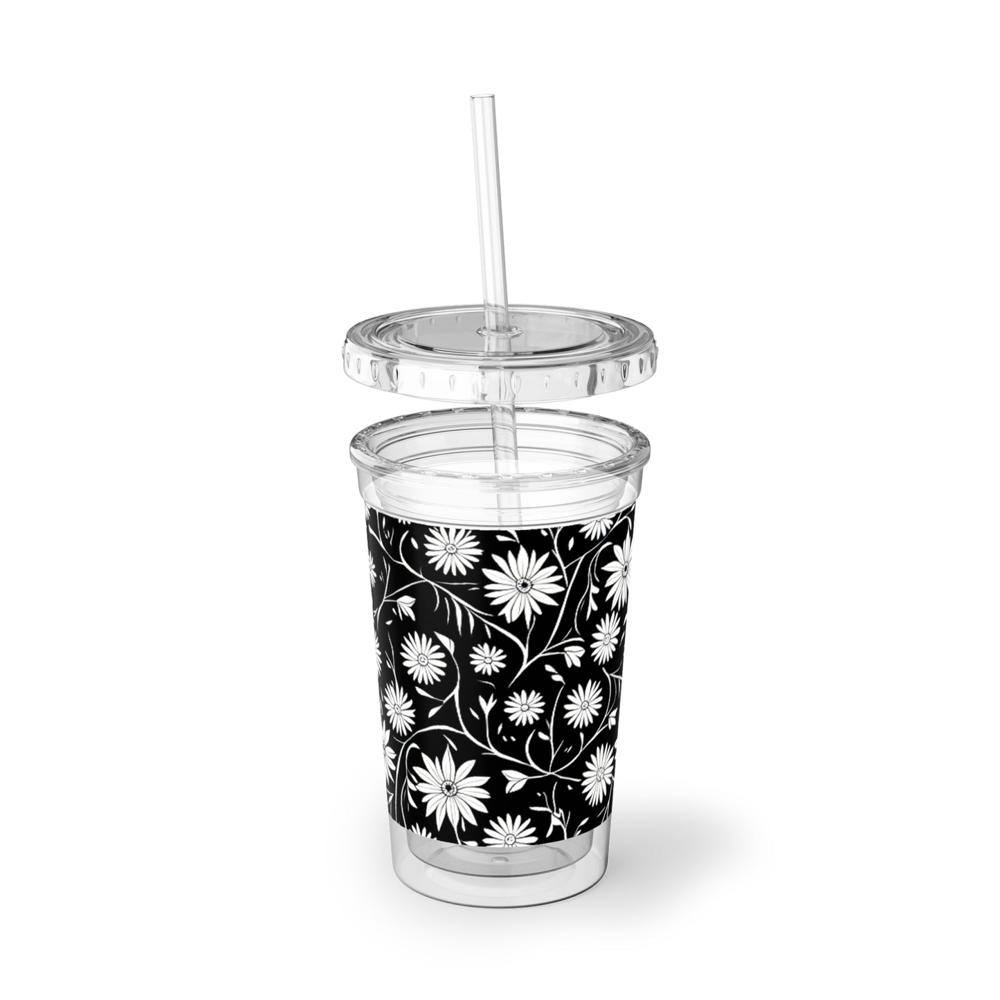 Field of Scandinavian Black and White Daisies 1970s Floral Pattern Decorative Beverage Travel Suave Acrylic Cup