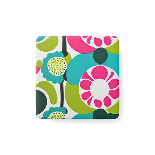 Flower Grooves Midcentury Modern Floral Pattern Decorative Kitchen Refrigerator Porcelain Magnet, Square