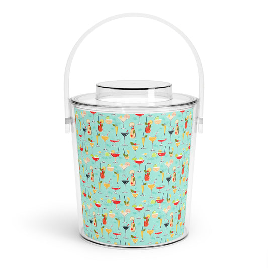 Seaside Coastal Cocktails Midcentury Modern Pattern Entertaining Party Ice Bucket with Tongs