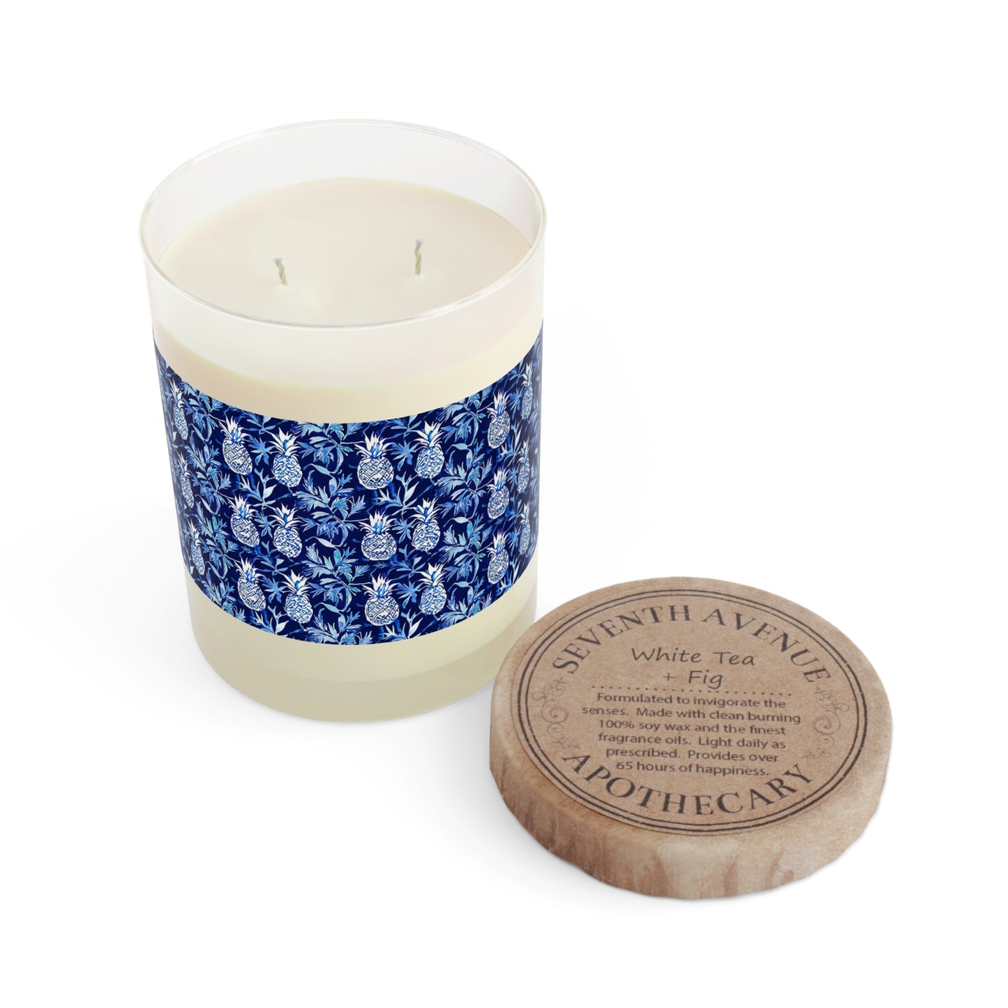 Blue and White Pineapple Batik Aromatherapy Essential Oils Natural Scented Candle - Full Glass, 11oz