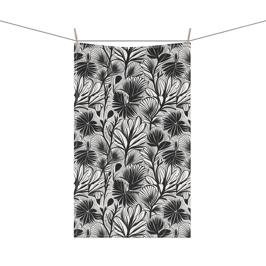 Tropical Scandinavian Flower Pattern Black and White 1970s Style Illustration Minimalist Decorative Kitchen Tea Towel/Bar Towel