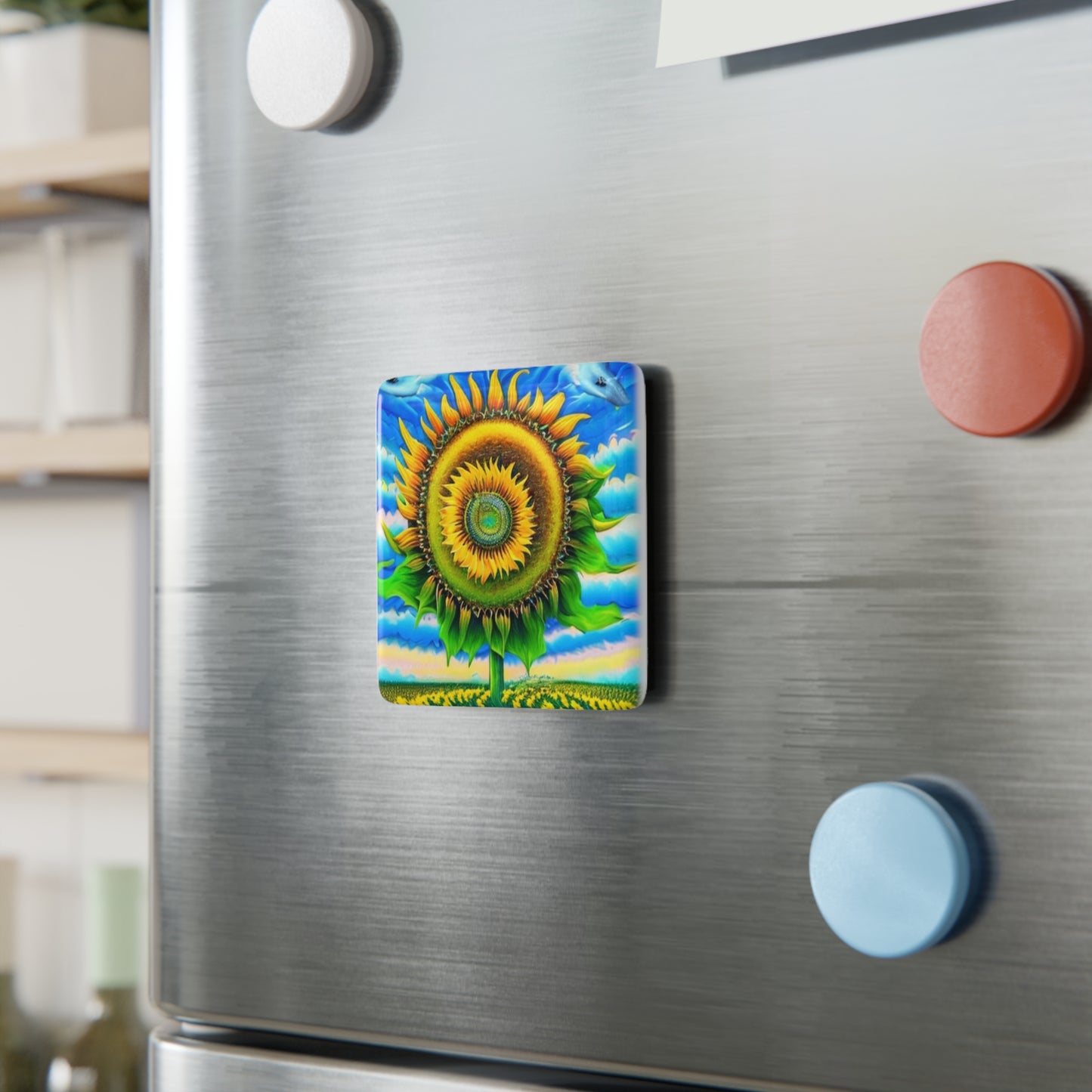 Spiral Sunflower Summer Refrigerator Kitchen Decorative Porcelain Magnet, Square