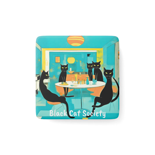 Black Cat Society Midcentury Modern Atomic Cat Cocktail Partying Decorative Kitchen Refrigerator Porcelain Magnet, Square