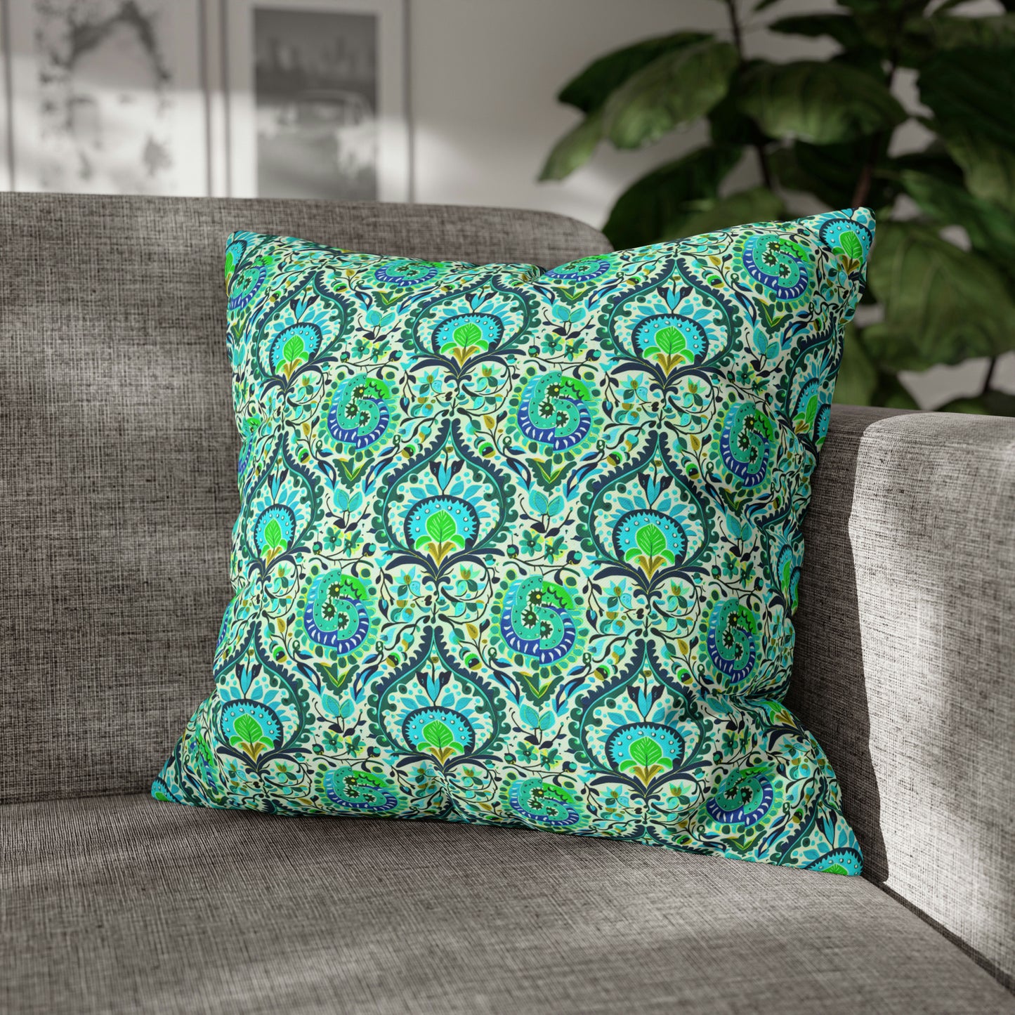 Suzani Tribal Pattern Blue and Green Bohemian Decorative Spun Polyester Pillow Cover