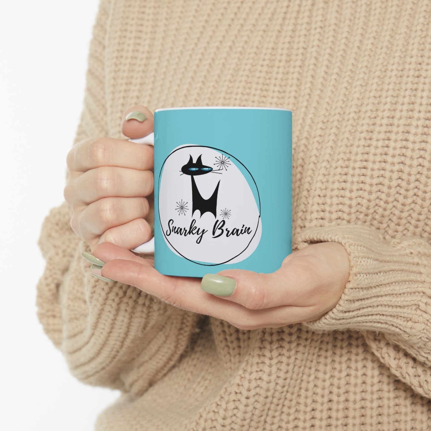 Snarky Brain Logo Midcentury Modern Atomic Cat Turquoise Hot Beverage Coffee Tea Decorative Ceramic Mug 11oz