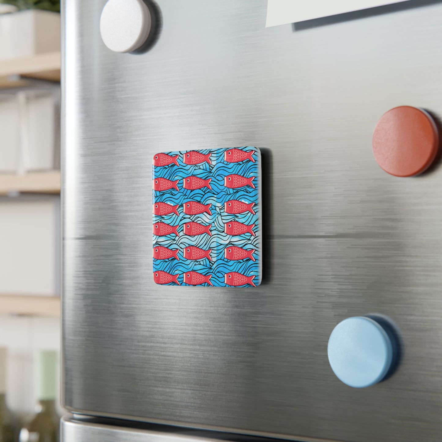 Koi Fish Waves Ocean Coastal Japanese Decorative Refrigerator Kitchen Porcelain Magnet, Square