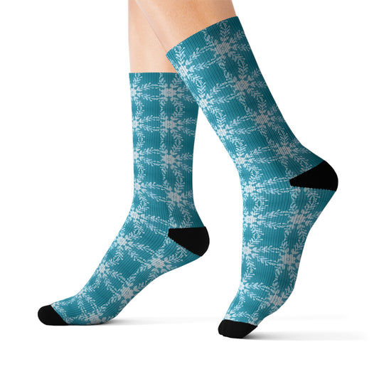 Big Teal Snowflake Winter Nordic Decorative Pattern Sublimation Socks