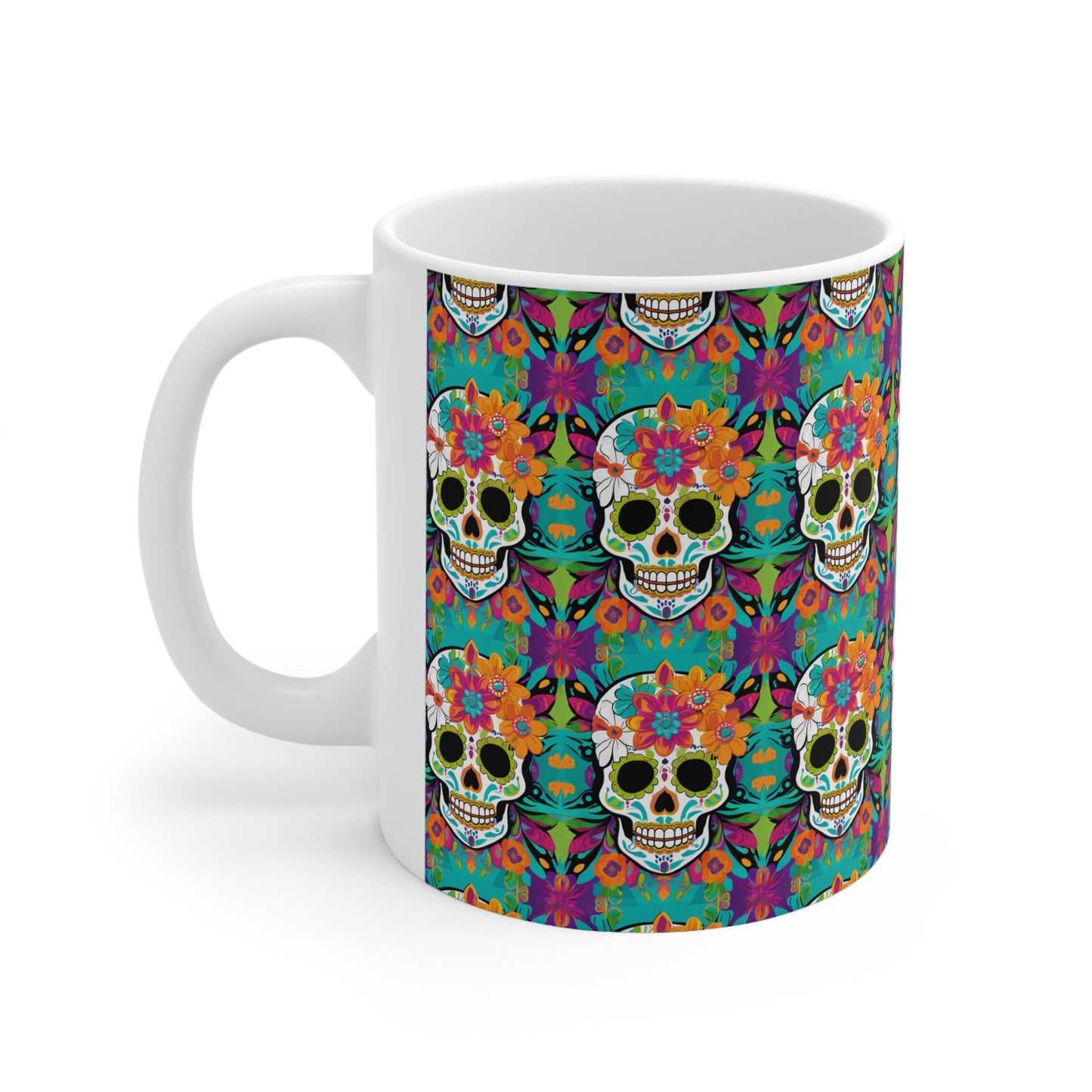 Day of the Dead Flower Power Skull Christmas Dia de los Muertos Mexican Hot Beverage Coffee Tea Ceramic Mug 11oz