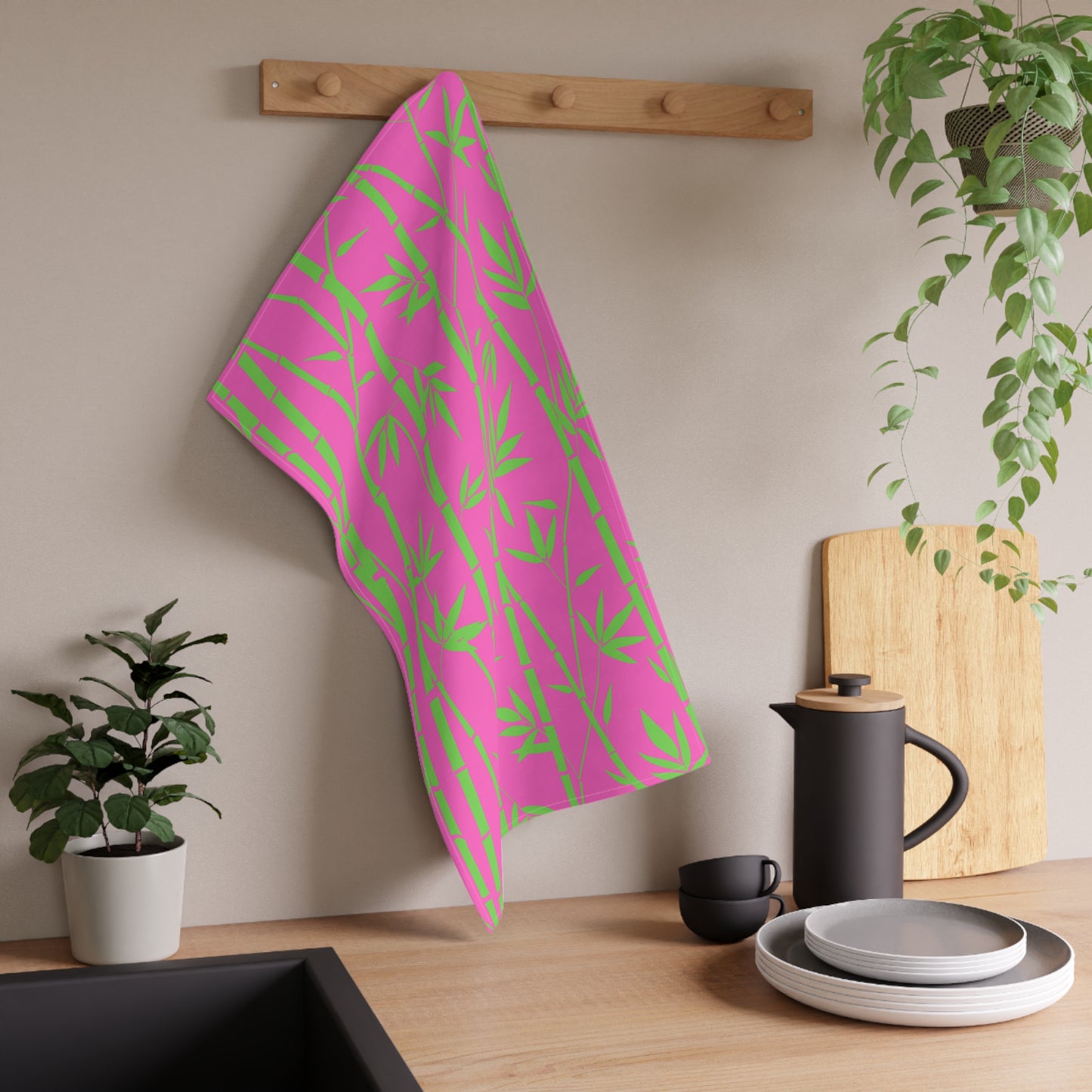 Bamboo Zen Meditation Garden Hot Pink Lime Green Decorative Kitchen Tea Towel/Bar Towel