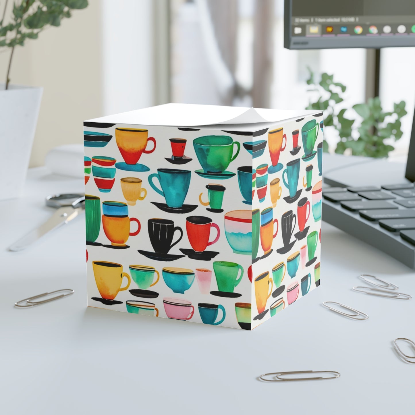 Coffee Cups Midcentury Modern Kitchen Desk Paper Note Cube