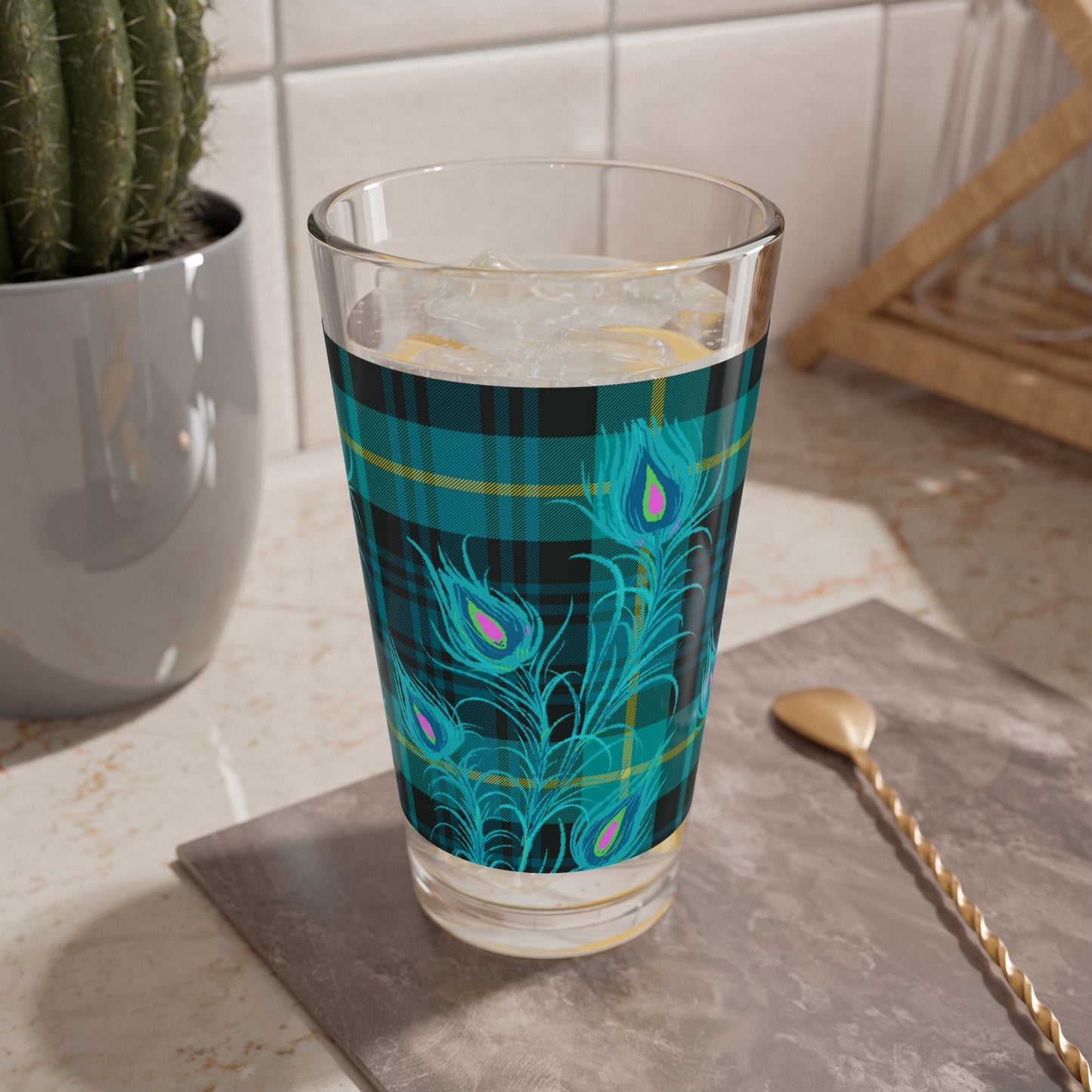 Tartan Plaid Peacock Feather  Cocktail Party Beverage Entertaining Mixing Glass, 16oz