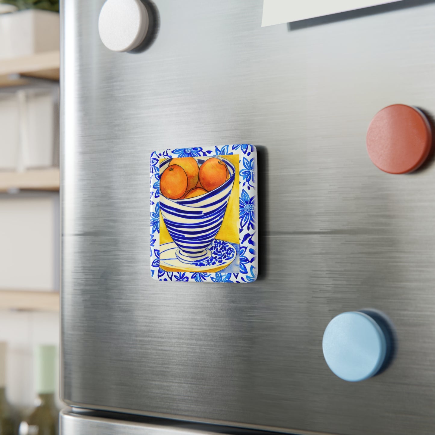 Summer Italian Oranges Watercolor Blue and White Bowl Decorative Refrigerator Porcelain Magnet, Square