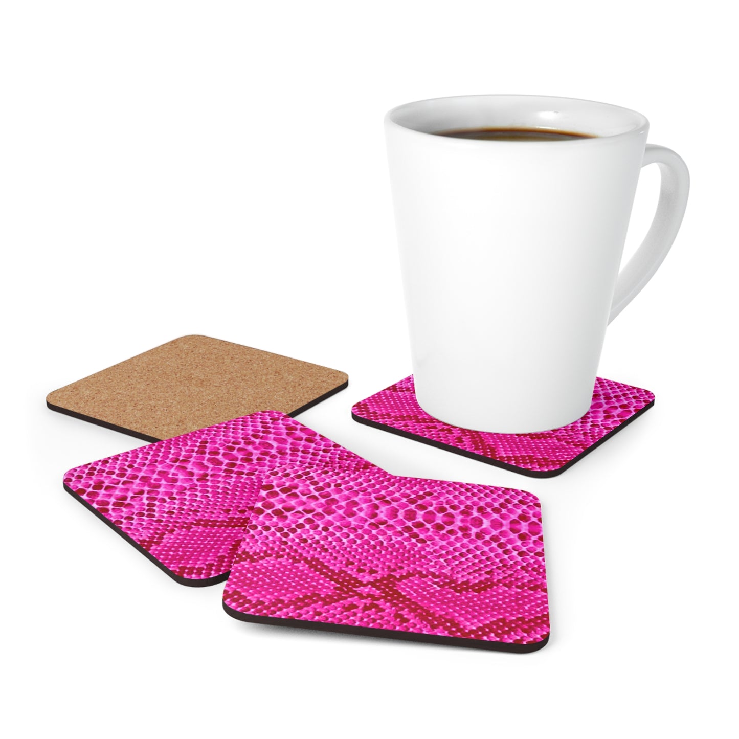 Hot Pink Snakeskin Cocktail Beverage Entertaining Corkwood Coaster Set