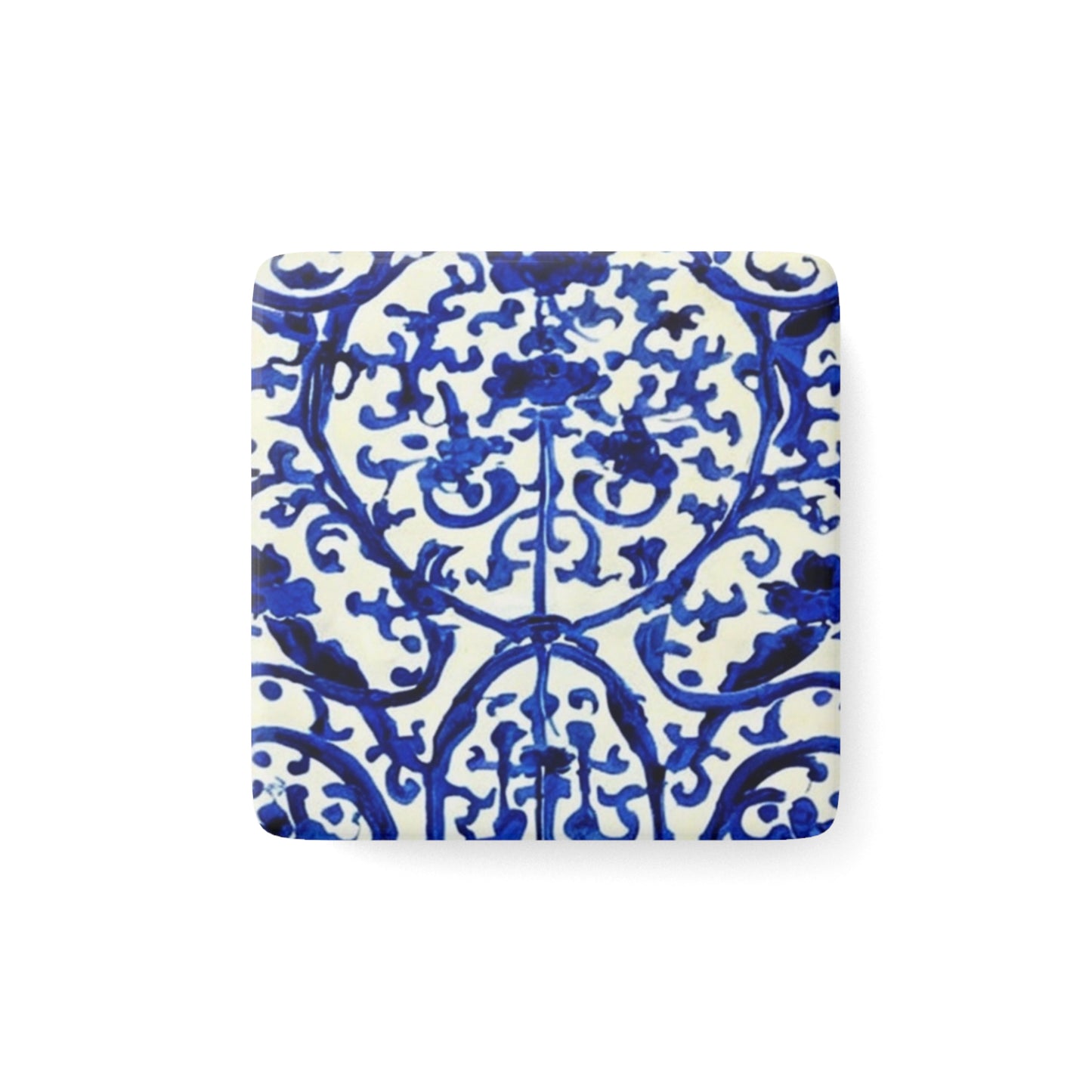 Portuguese Blue and White Tile Pattern Decorative Refrigerator Porcelain Magnet, Square