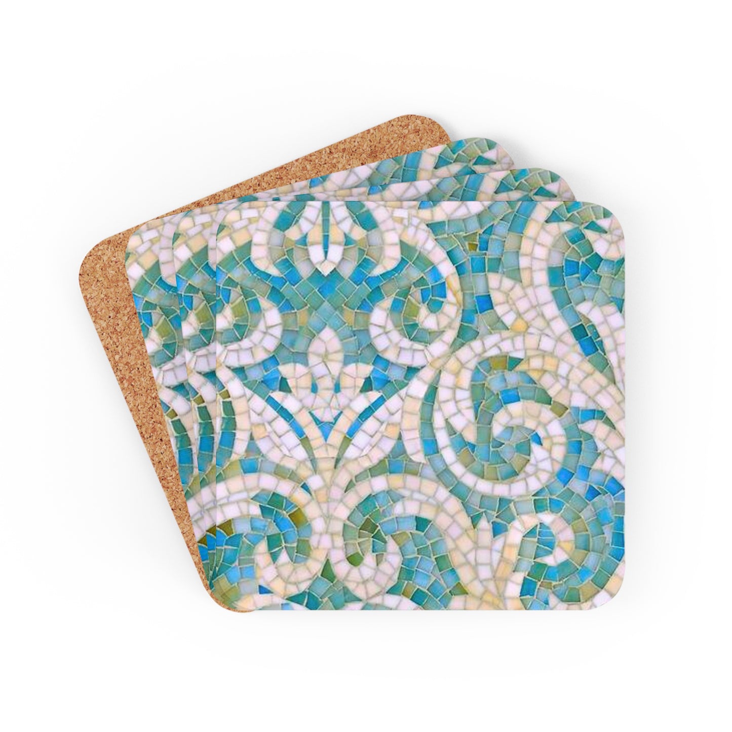 Aqua Mosaic Tile Inlay Cocktail Party Beverage Entertaining Corkwood Coaster Set