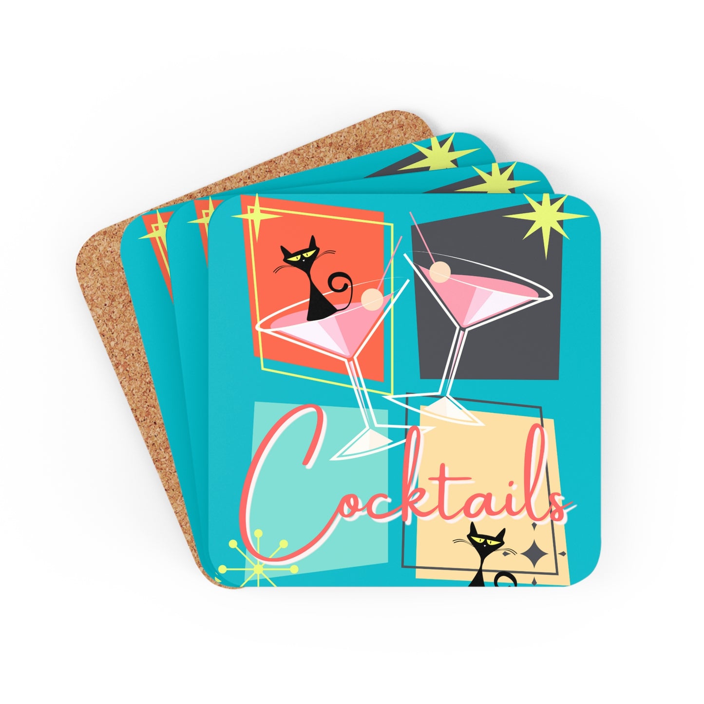 Cats and Martinis Midcentury Modern Atomic Black Cat Cocktail Party Beverage Entertaining Corkwood Coaster Set