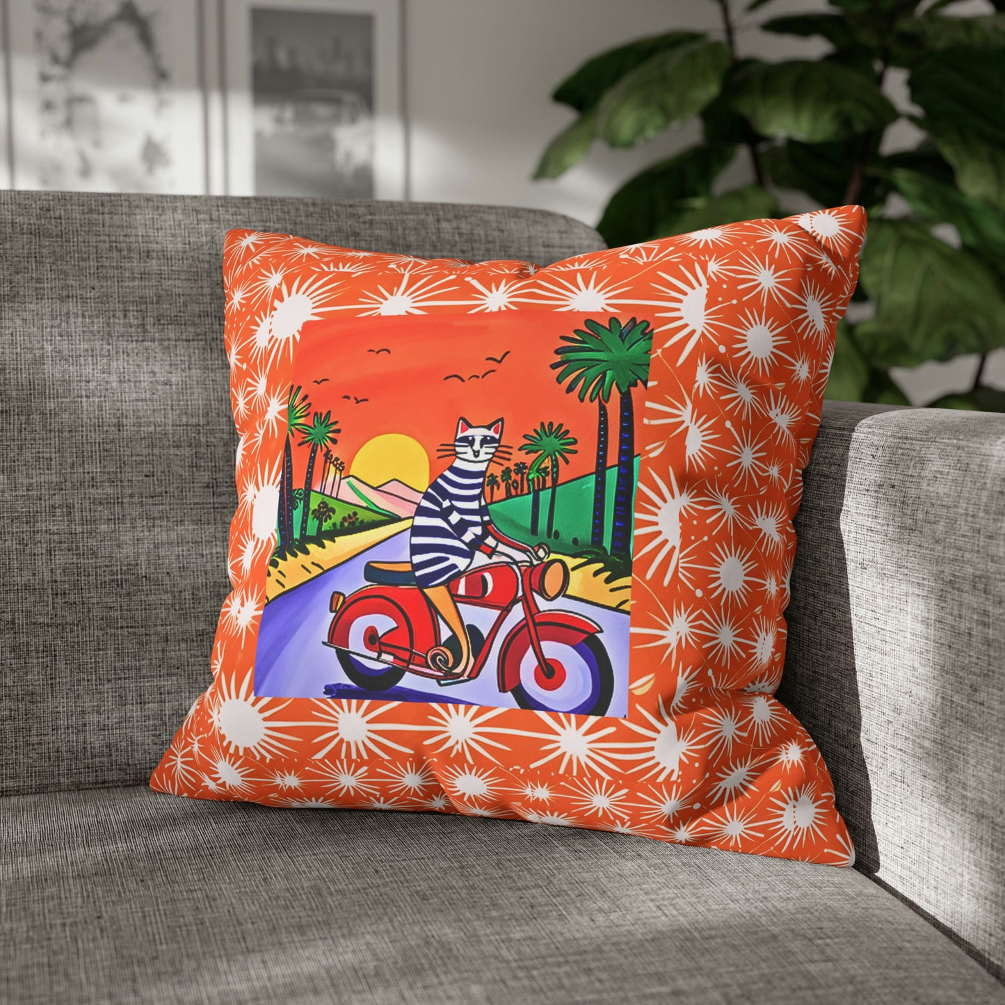 Cool Cat Moto Palm Springs Motorcycle Tour Midcentury Modern Children's Art Square Poly Canvas Pillow Cover