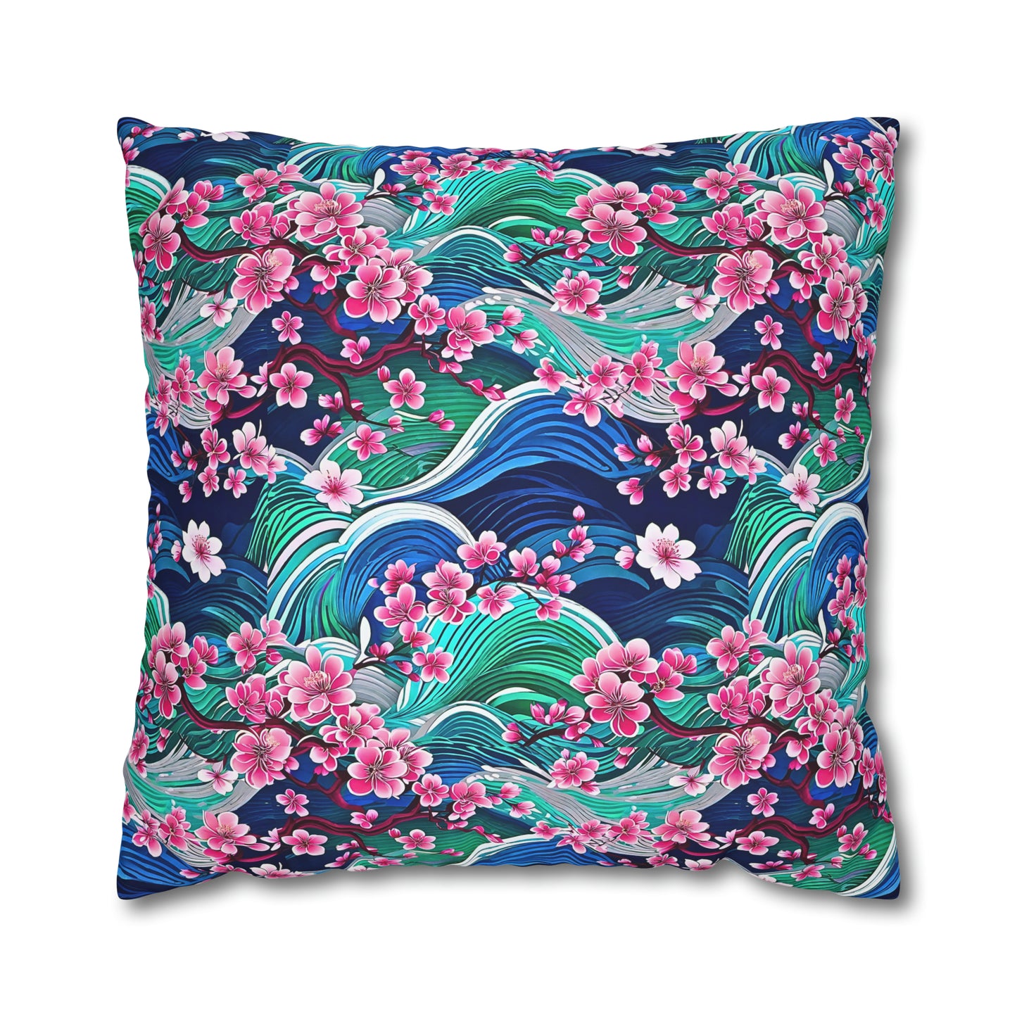 Japanese Mountains Cherry Blossoms Woodblock Pattern Decorative Spun Polyester Pillow Cover