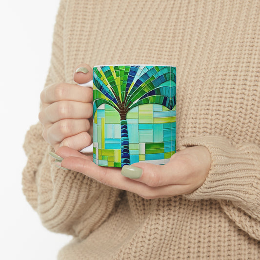 Turks and Caicos Island Palm Tree Mosaic Hot Cold Coffee Tea Beverage Ceramic Mug 11oz