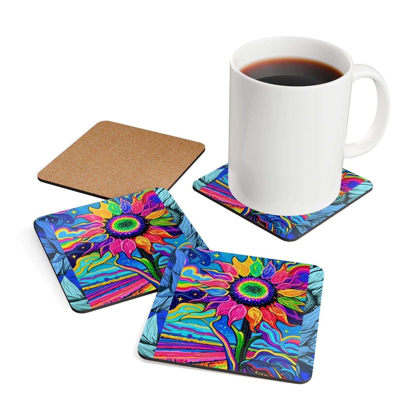 Electric Sunflower Collage Cocktail Party Beverage Corkwood Coaster Set