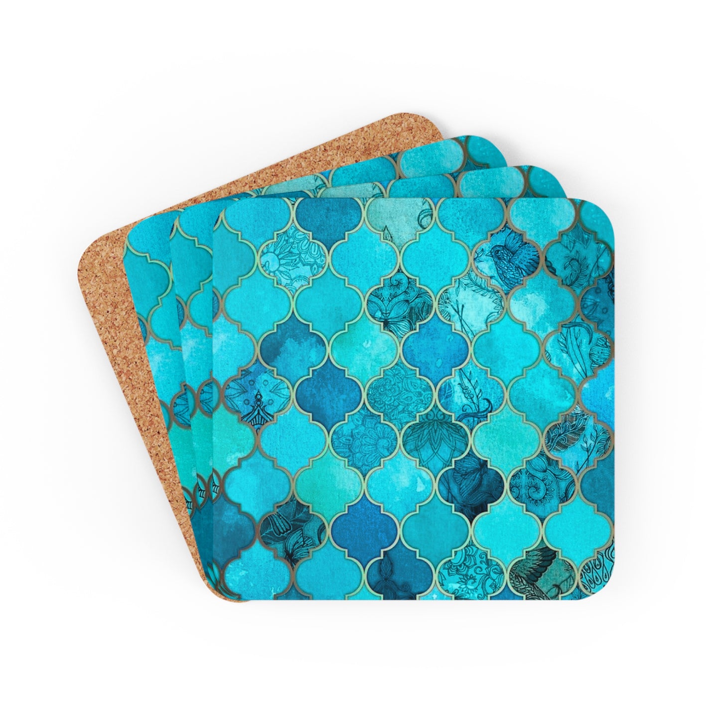 Teal and Turquoise Arabesque Tile Marrakech Moroccan Holiday Christmas Entertaining Corkwood Coaster Set