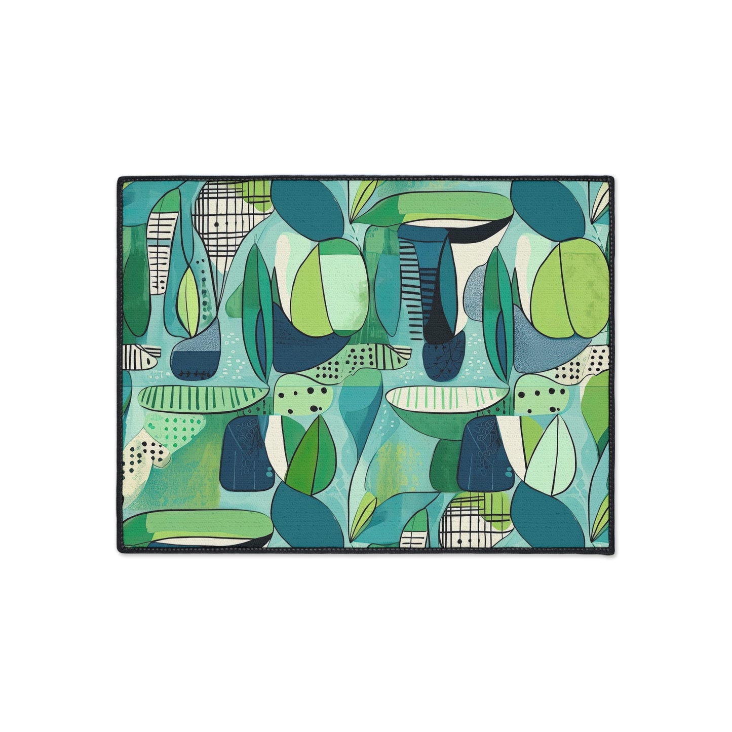 Cubist Midcentury Modern Garden Blue Green Graphic Welcome Indoor Outdoor Heavy Duty Floor Mat