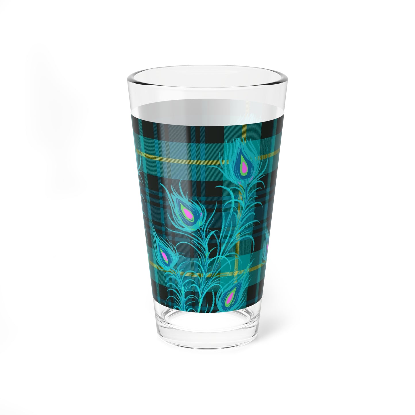 Tartan Plaid Peacock Feather  Cocktail Party Beverage Entertaining Mixing Glass, 16oz