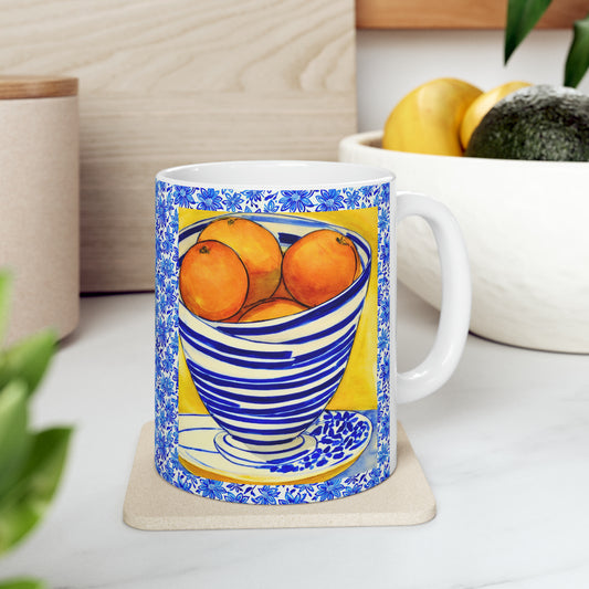 Summer Italian Oranges Watercolor Blue and White Bowl Coffee Tea Hot Beverage Ceramic Mug, 11oz